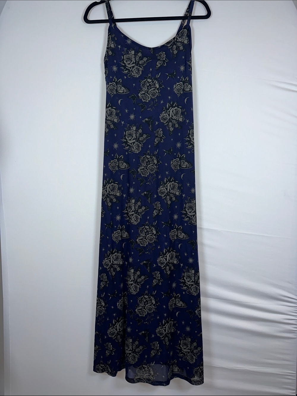 Cosmic Aura Navy Floral Dress Large Boho Midi Cottagecore Romantic Dress